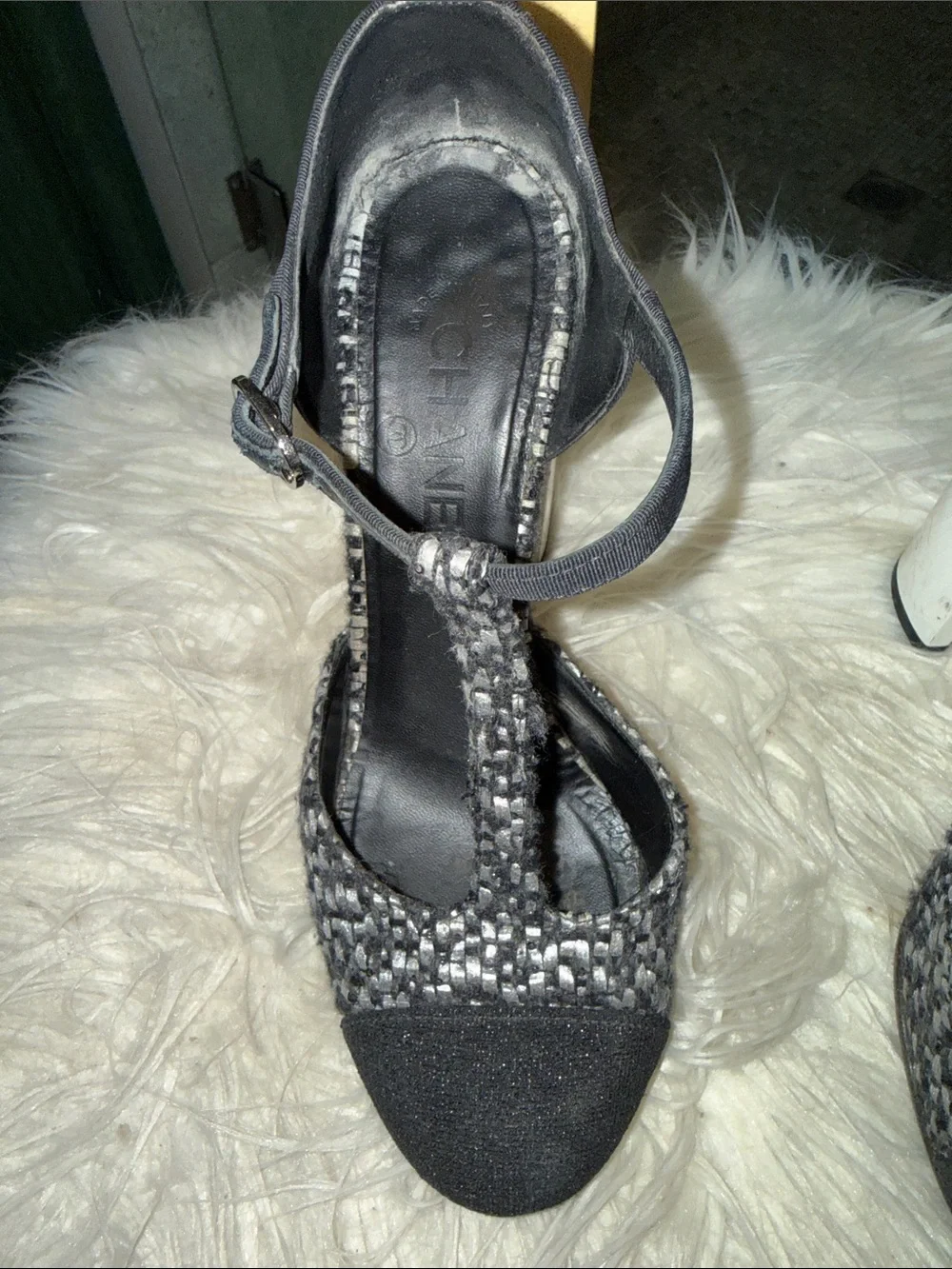 Chanel Black/Monochrome Tweed Fabric Chain T Strap Pumps Size 38.5